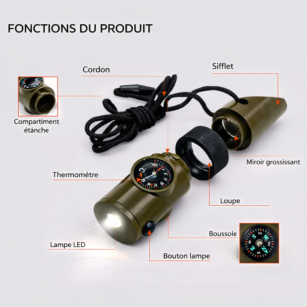 Sifflet Multifonctions de Survie ( Boussole - Lampe - Loupe - Thermomètre )